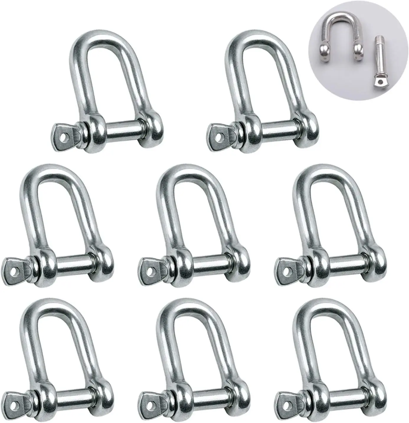 

304 Stainless Steel D Shackle 1/4" 8 Pack for Chain Wire Rope Lifting Outdoor Camping Heavy Duty Construction
