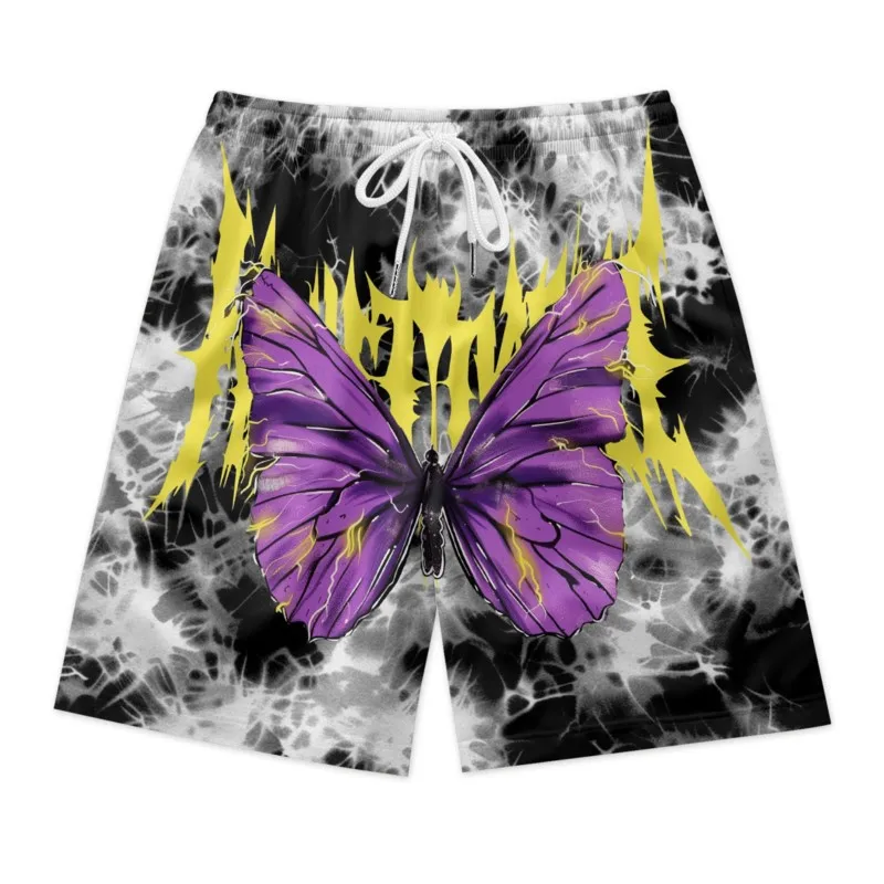 Purple Butterfly Print Men's Drawstring Waist Shorts Quick Dry Polyester Breathable Beach Shorts Casual Sport Shorts