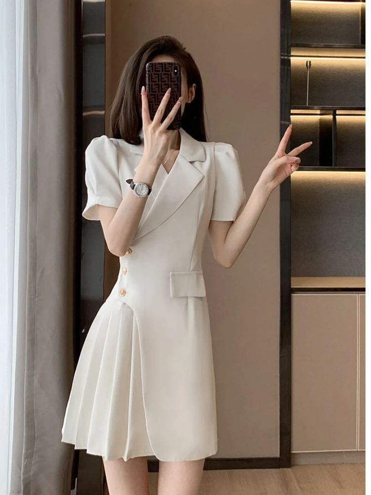 เกาหลีแฟชั่นผู้หญิงแขนสั้น Solid Sheath Dresses Office Lady ฤดูร้อนปุ่มเดียวปิด A-Line จีบกระโปรง