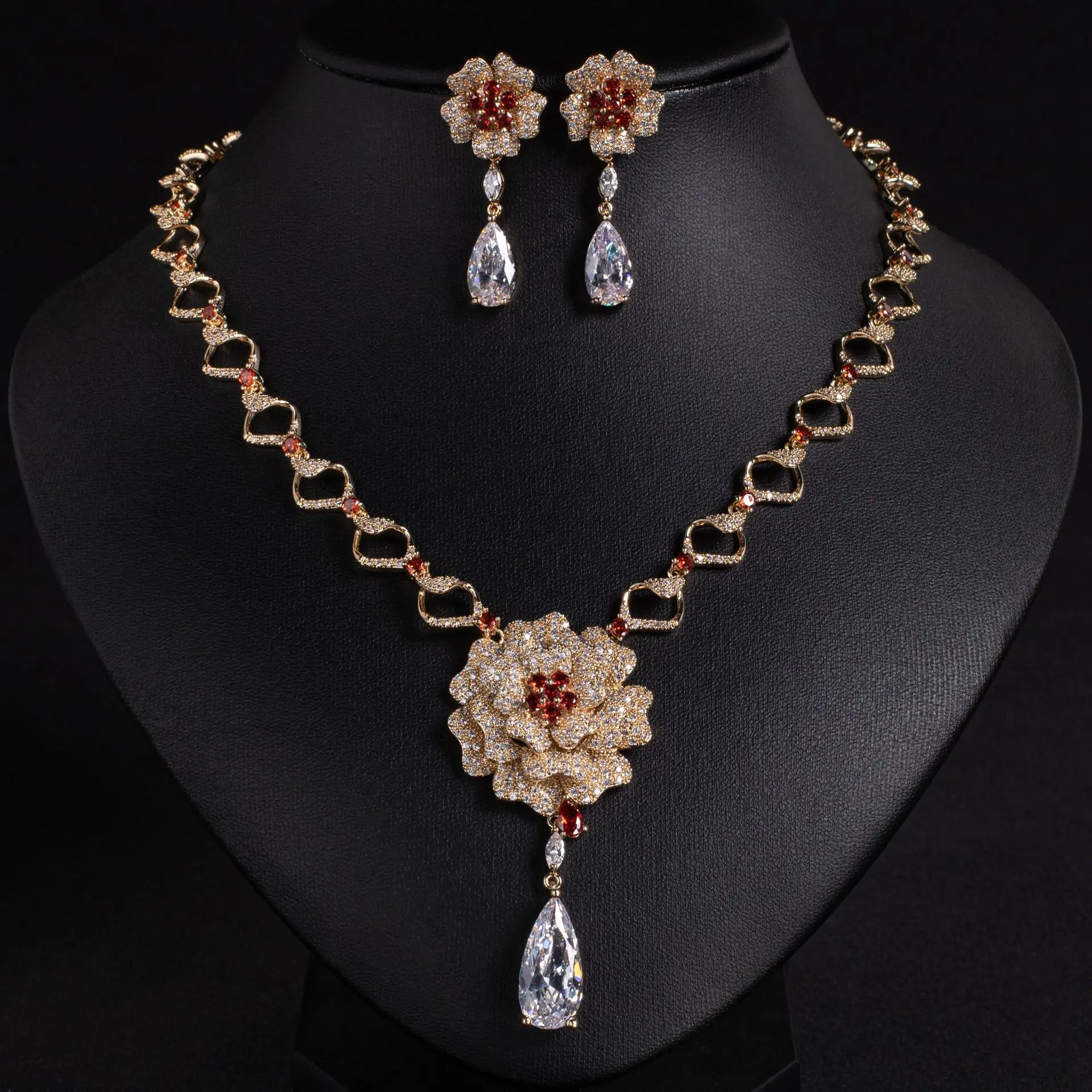 

HIBRIDE New Flower Pretty Dubai Women Multicolour Luxury Zirconia Jewellery Set Necklace Earrings Prom Holiday Wedding S-641