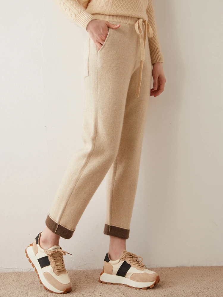 

High-end Women 100% Cashmere Pants Casual Lace-up Pencil Pants Autumn Winter Thick Warm Cashmere Knitted Ankle Length Trousers