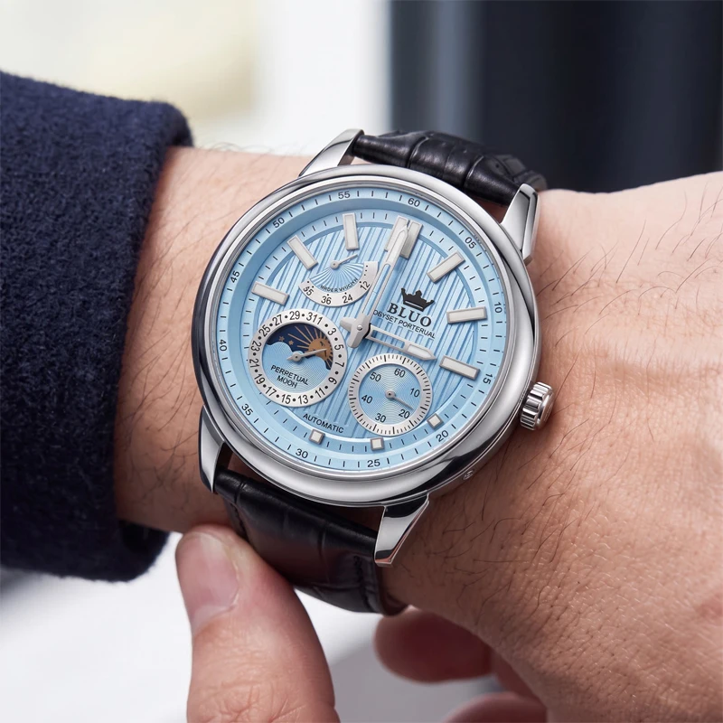 Business-Style Men's Fully Automatic Mechanical Watch, with a Sophisticated Vertical Pattern Dial, Moon Phase Calendar Function, Power Reserve Window, Comfortable Strap, Luminous Display, Waterproof and Wear-Resistant,