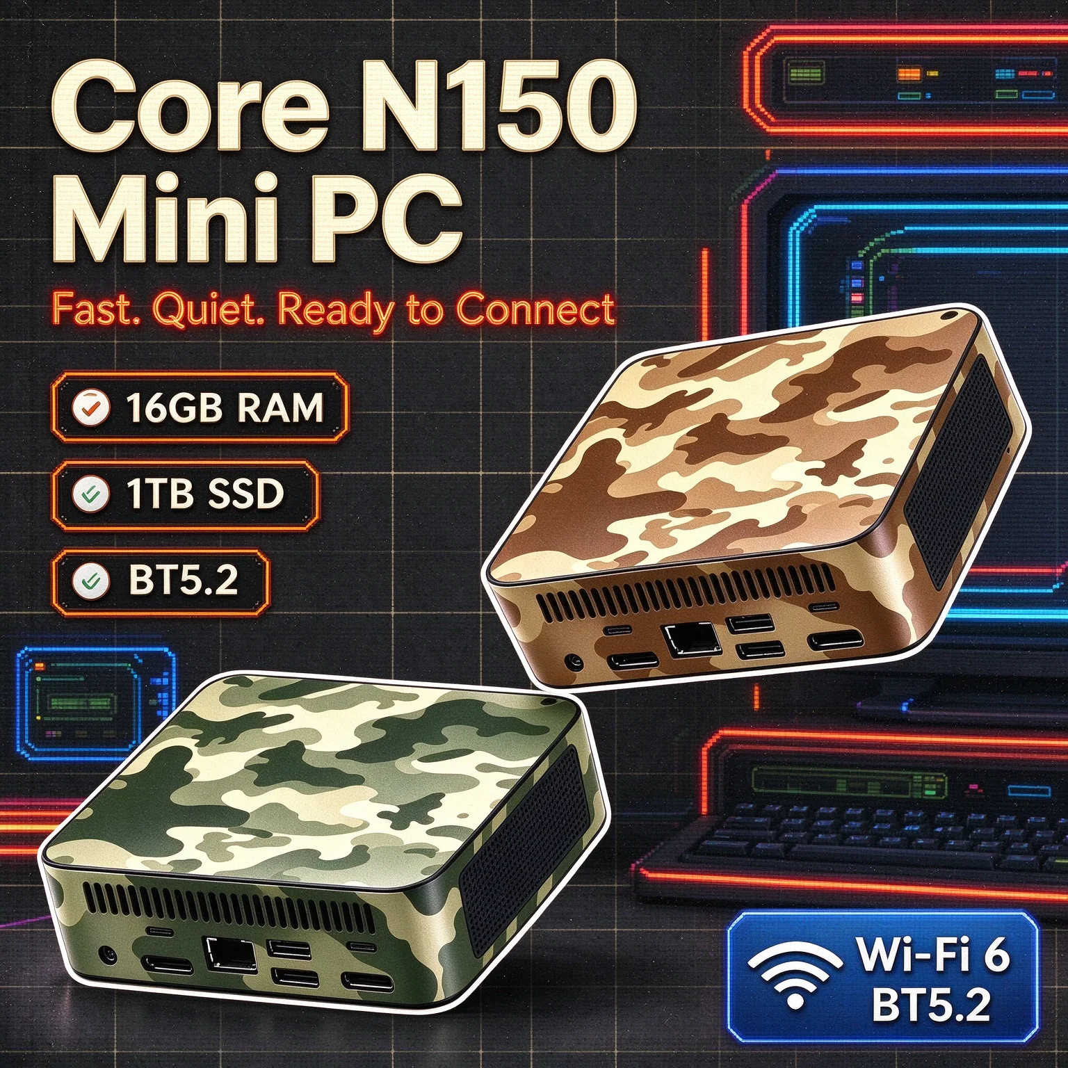 Camouflage Colors Mini PC New Core N150 4K HD Mini Desktop 16GB RAM 1TB 2TB SSD BT5.2 WiFi6 Multi-Scene Study PC