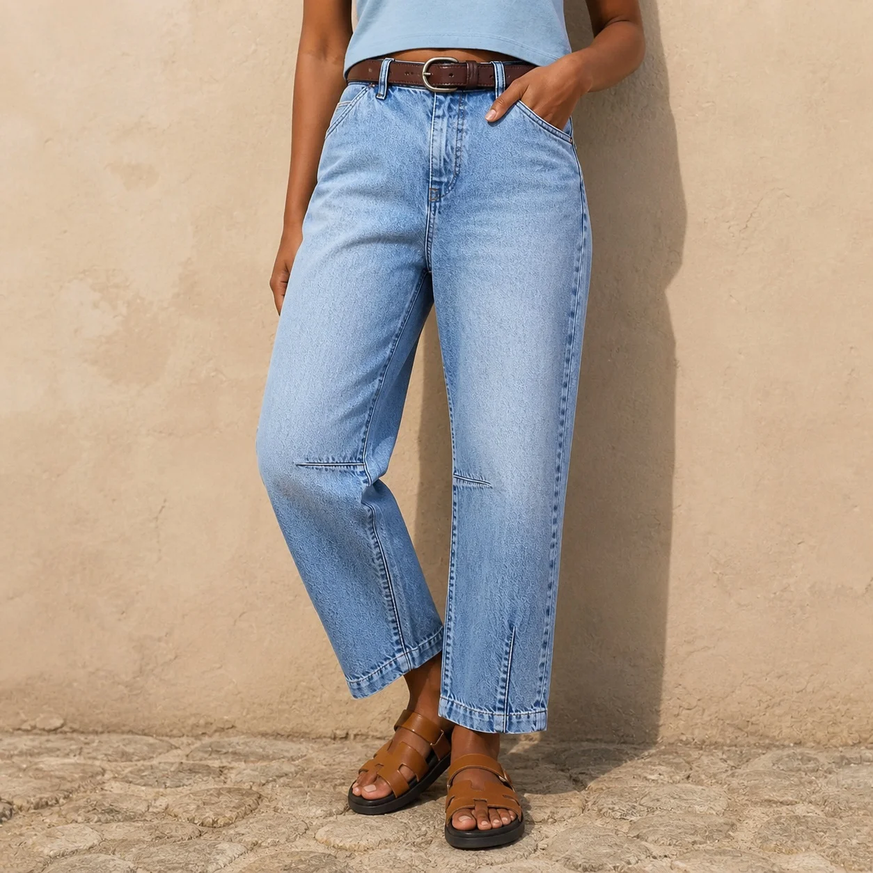Women's Baggy High Waist Wide Leg Crop Jeans Cotton Washed Streetwear Patchwork Straight Leg Denim Pants with Cuffed Hem and