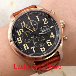 Parnis 44MM Quartz Movement Chronograph GMT Function Men's Watch Gold Watch Case Brown Leather Strap With Auto Date And Day