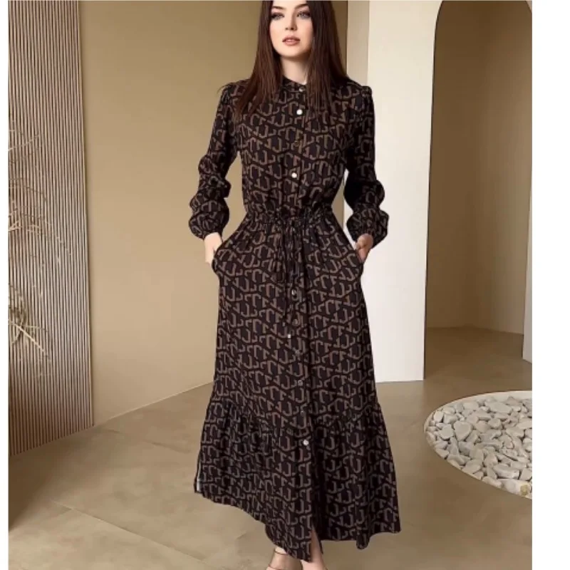 

Lace-up waist dress single-breasted long dress fashionable simple and versatile temperament elegant vacation style high-end dres