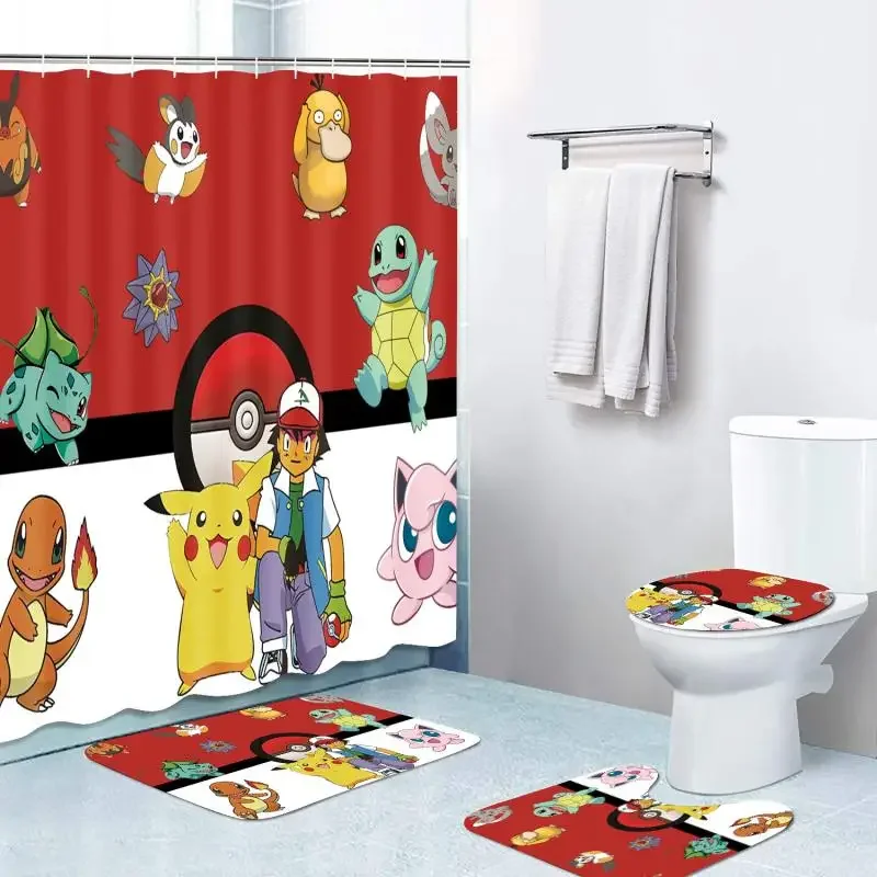 Kawaii Pokemon Shower Curtain Four-Piece Set Pikachu Anime Toilet Mat Floor Mat Shower Curtain Four-Piece Set Cute Gift