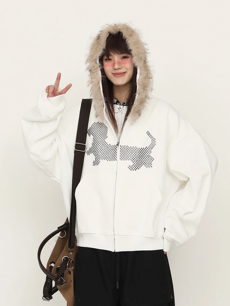

Retro American Dog Rhinestone Fur Collar Hoodie ex Spring Loose Couple Open Cardigan ort Coat Youth Trendy Dance Wear