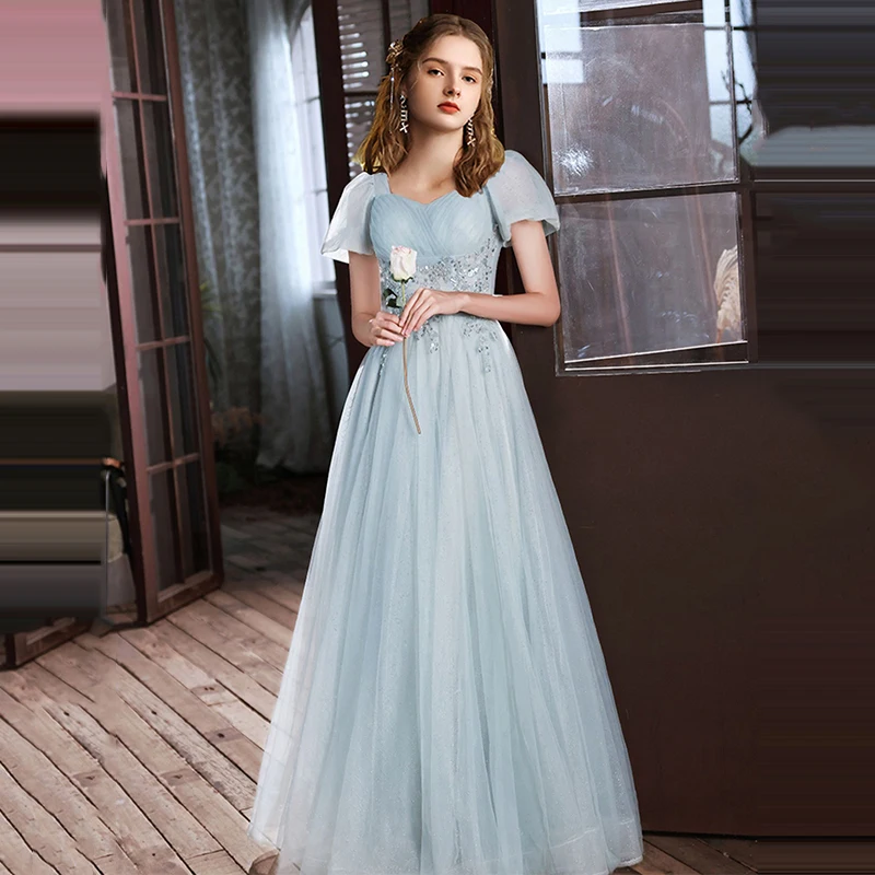 

Customized Sweetheart Long Bule A Line Prom Dress Elegant Beads Applique Cap Sleeve Robes De Soirée Party Gown Vestido De Fiesta