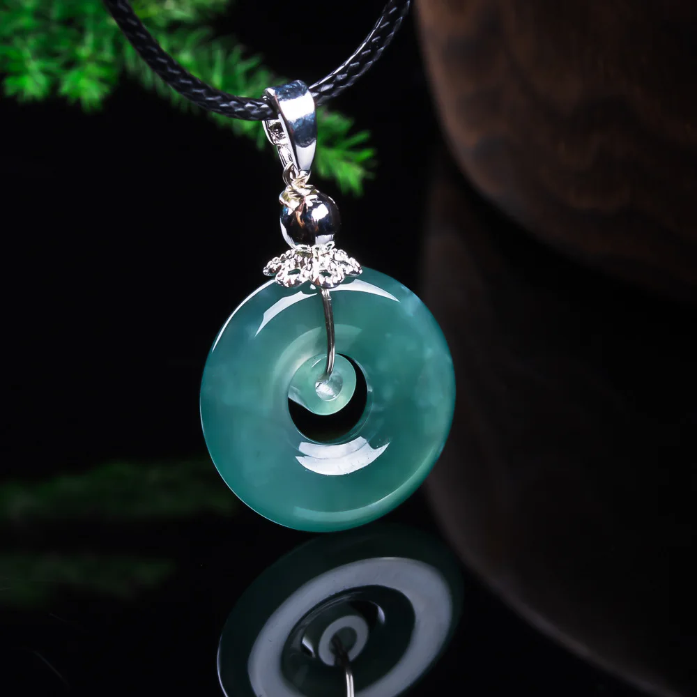Natural Blue Water Jadeite Double Ring Pendant Icy Translucent Gel Luster Jade Inlaid Necklace, Elegant Versatile Jade Charm