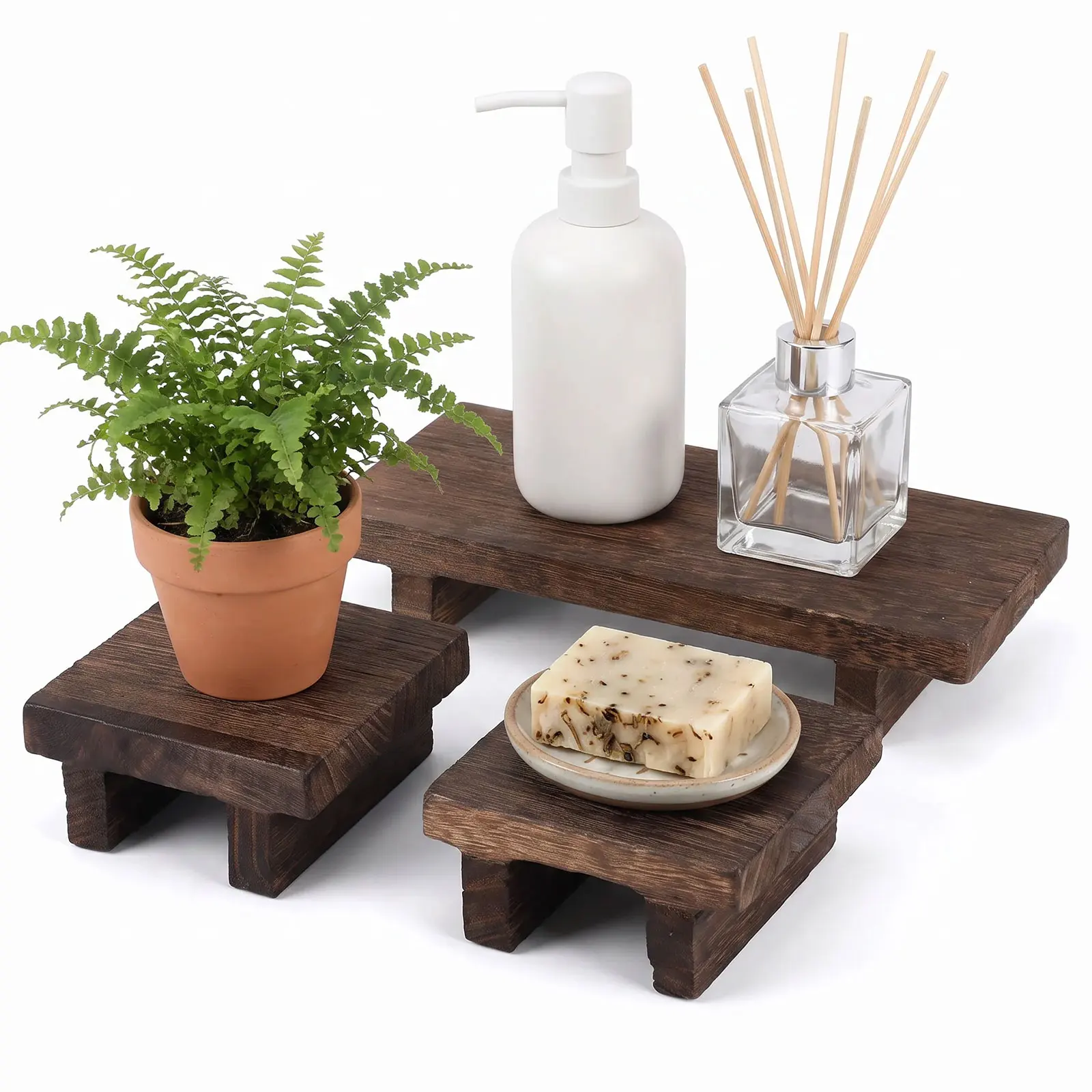 3Pcs Wooden Decorative Tray Waterproof Wood Risers Countertop Soap Scented Candle Makeup Display Stand for Bathroom Kitchen Home