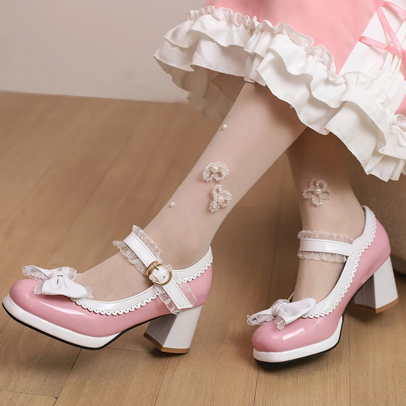 Women Sweet Lolita Shoes Kawaii High Block Heel Mary Jane Rockabilly Pumps with Elegant Lace Cute Bowknot Platform Chunky Heels