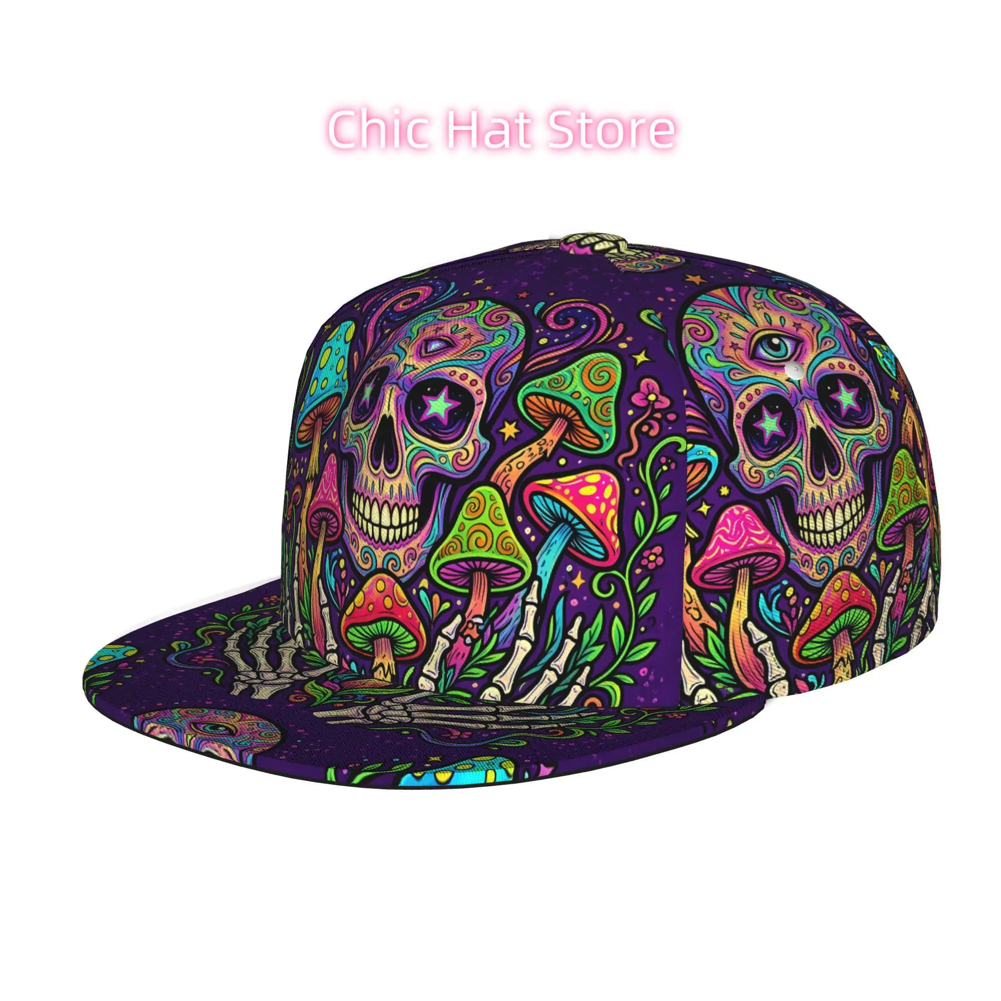 Trippy Skull And Skeleton Hand Pattern, Unisex All Over Print Flat Brim Baseball Cap, Hip Hop Streetwear Snapback Hat for Skateb