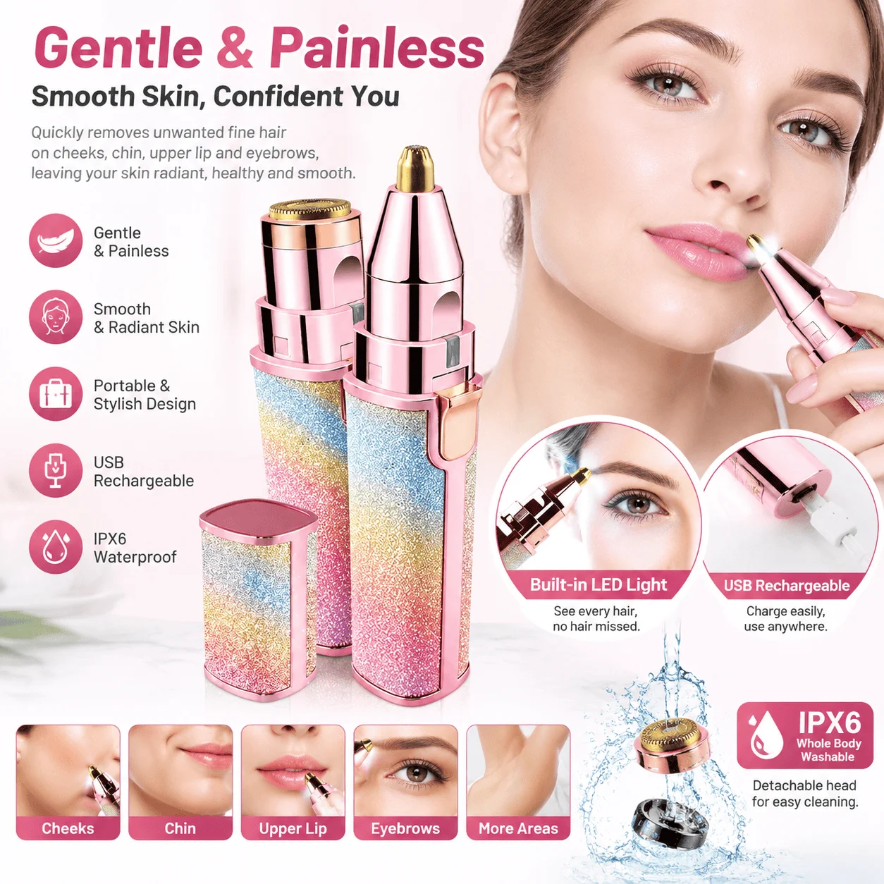 Electric 2 in 1 Portable Lipstick Shaver Eyebrow Trimmer Mini Razor USB Rechargeable Eyebrow Trimming Pen Epilator Facial Hair Remover Face Grooming Tool Easy to Use Gentle Compact Design