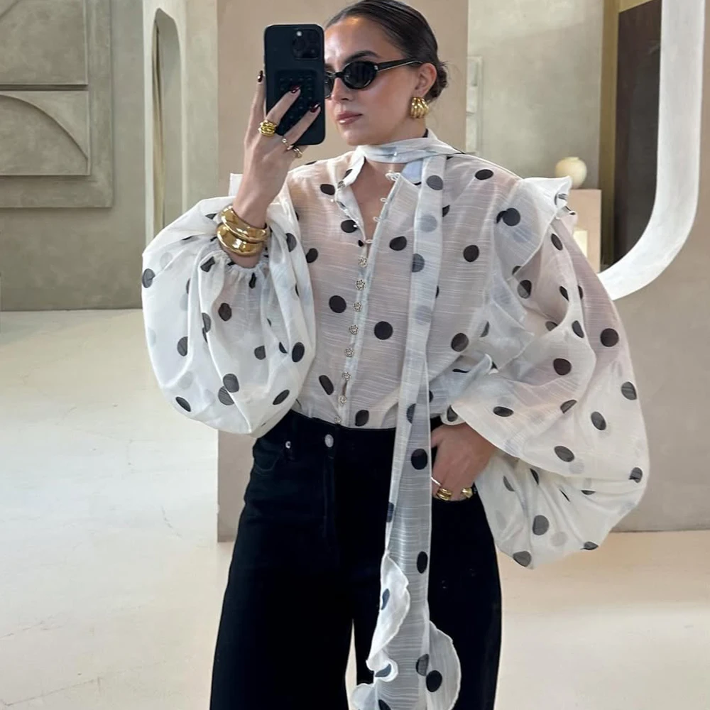 

Ticketsx Polka Dot Ruffled Shirts Fashion Contrast Lace Up See Through Button Blouse Top Elegant Party High Street Women Shirt