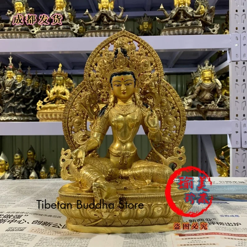 Green Tara with Backlight Copper Gilt Buddha Ornament 33.33cm High Handmade Painting Face Chengdu Seiko Buddha Statue cm