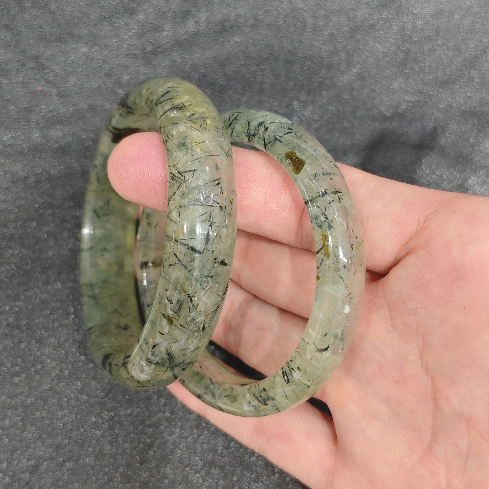 Natural Prehnite Bangle Bracelet Gemstone Smooth Bangle Black Tourmaline Inclusions Green Crystal Jewelry Present Supply 1 Piece