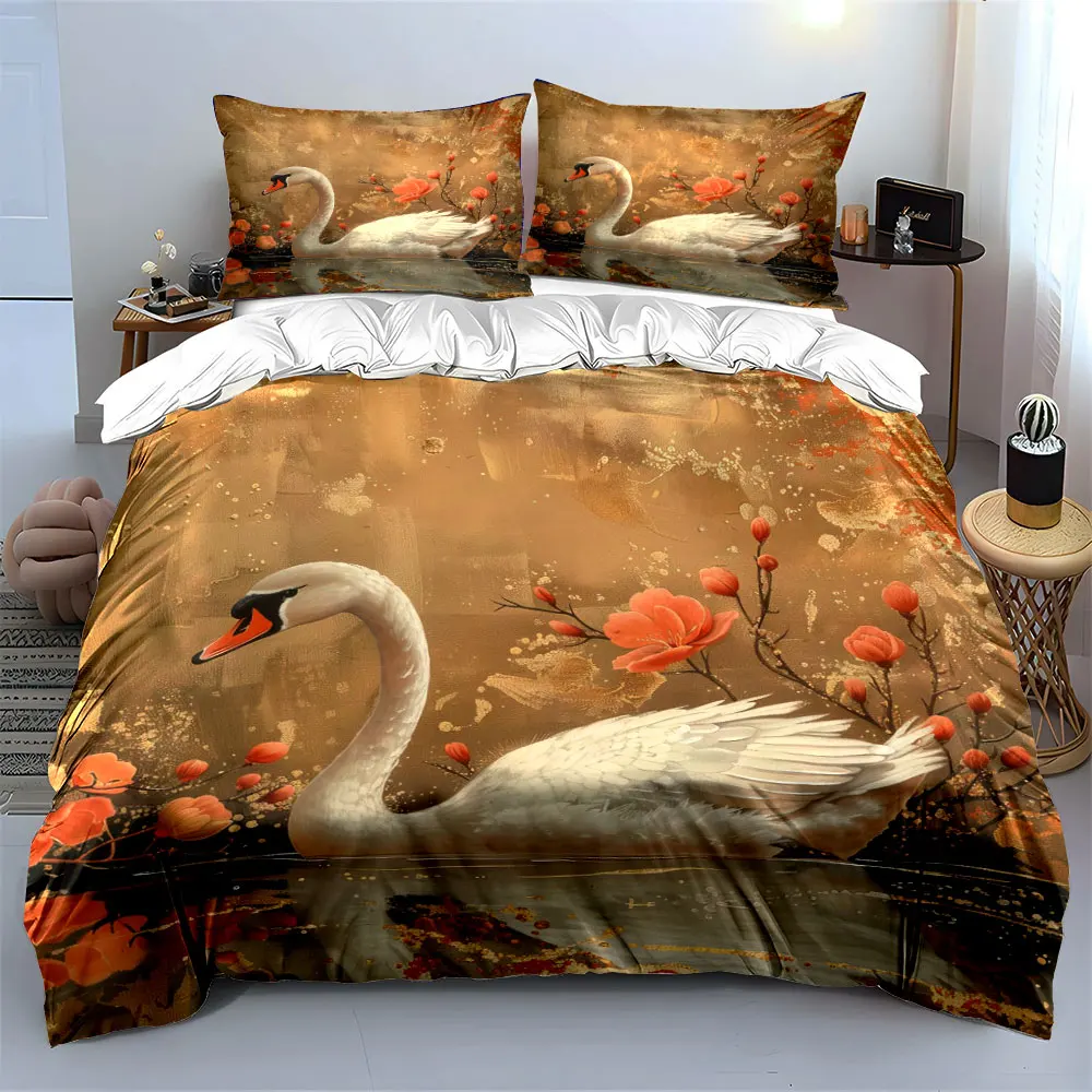 Swan with pink floral background Bedding Set for Kids Luxury Gift 3pcs Digital Print Comforter Set Soft Comfortable Breathable