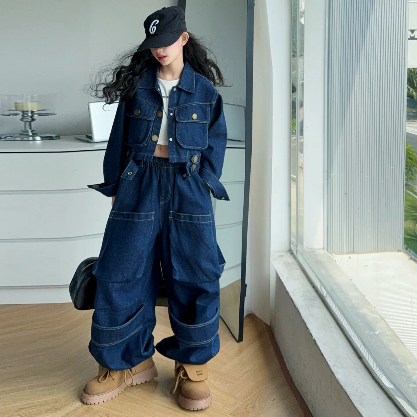 set-di-jeans-per-ragazza-junior-coreana-autunno-ragazza-adolescente-monopetto-cappotto-con-colletto-rovesciato-ragazza-per-bambini-cargo-jean-kid-girl-outfit