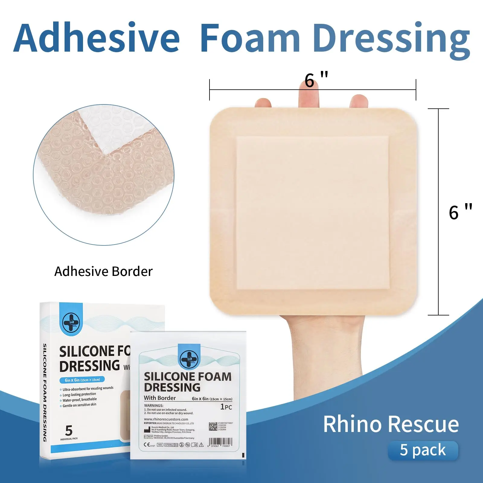 RHINO RESCUE Silicone Foam Dressing with Border, 6\'\'x6\'\' 5 Pack Waterproof Wound Care Bandage, Leg Ulcers & Foot Diabetic Ulcers