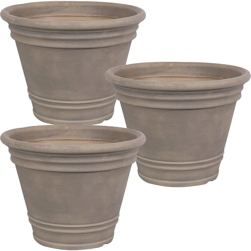 Flower Pot Planter - Unbreakable Polyresin Container-UV-Resistant Beige Finish-Set Of 3 - Large 20-Inch Diameter，pots For Plants