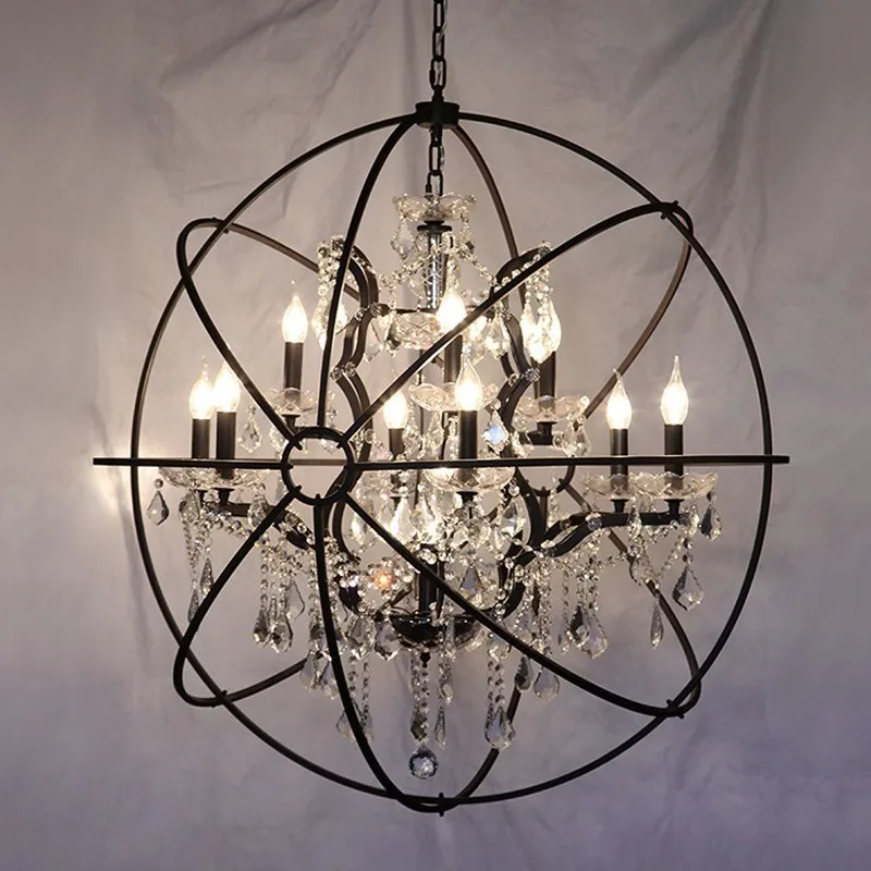 

American industrial creative loft chandelier restaurant bar wrought iron round personalized staircase crystal globe chandelier
