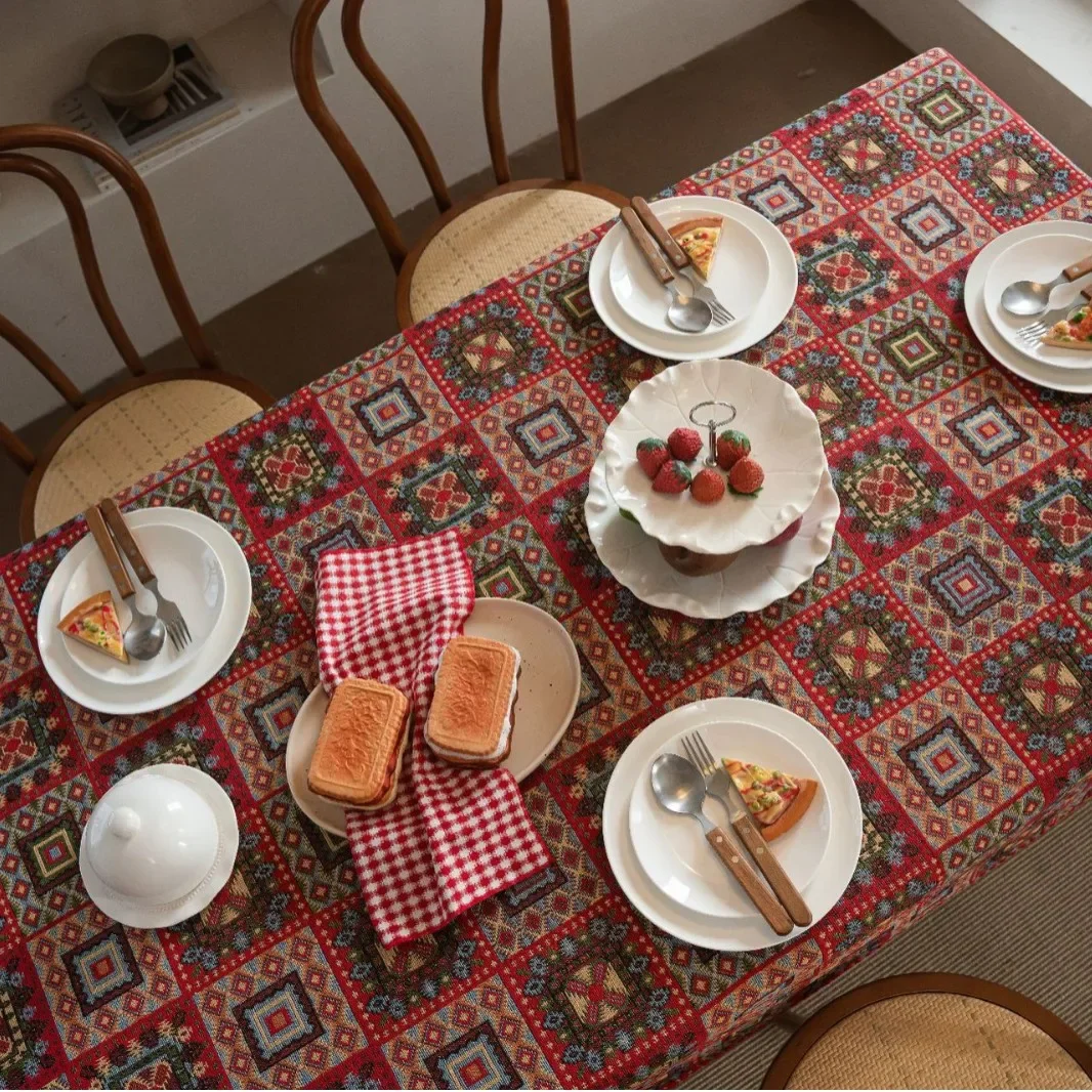 Boho Patterned Tablecloth Red Festive Embroidered Contrasting Square Geometric Tablecloths Rectangular Decoration Table Cloths