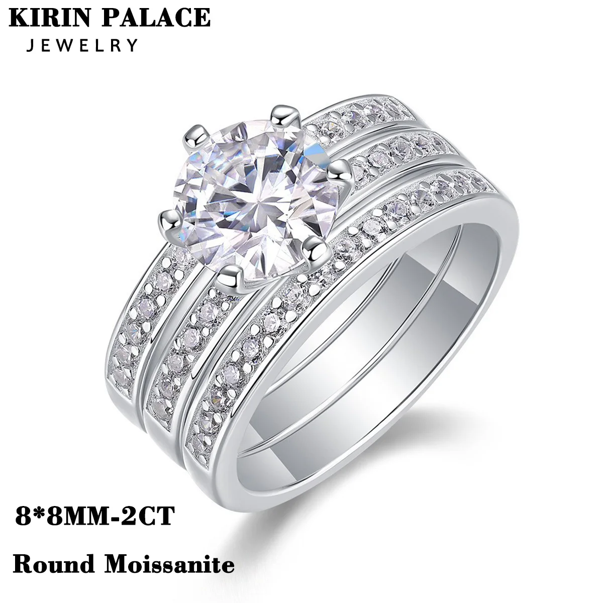 Luxury Moissanite Engagement Ring Set Round 2 Carats Classic Design 925 Sterling Silver Fade-Resistant Women Wedding Rings
