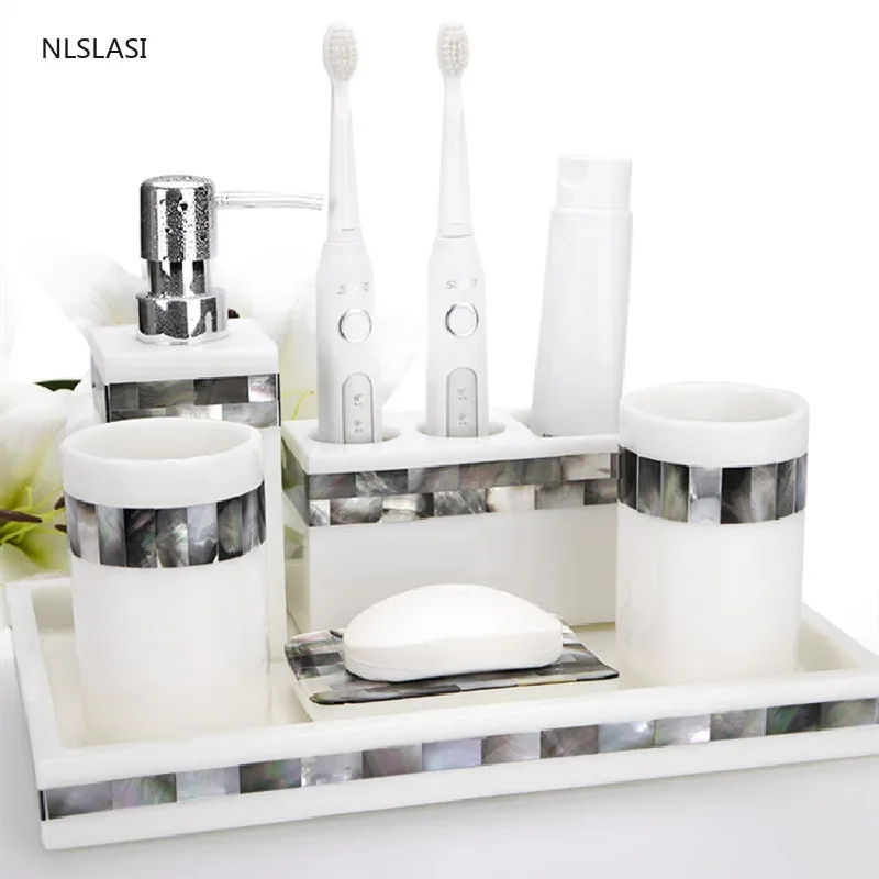 

Black Shell Series Resin Bathroom Accessories Set Home Decor Gargle Cup Soap Dispenser Toothbrush Holder Soap Dish Tray Ornament