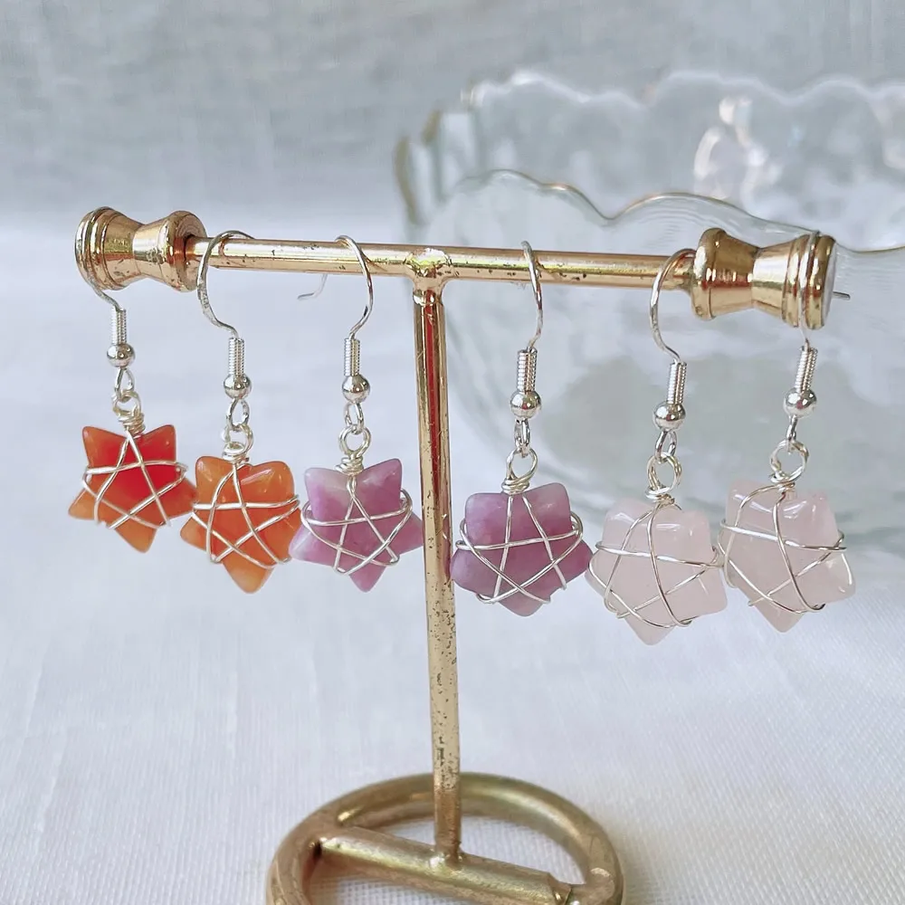 أقراط نجمة من حجر الكريستال الطبيعي للنساء ، سلك ملفوف ، لون فضي ، جمشت ، أوبال ، كوارتز ، هدية عيد الميلاد ، فتيات