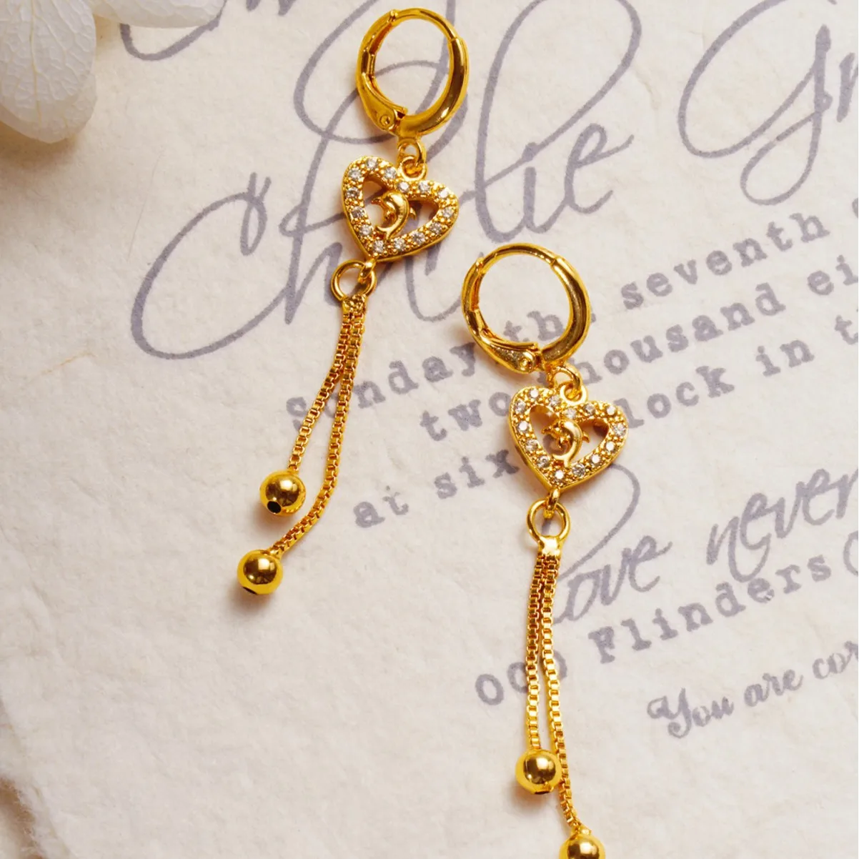 9999 Gold best-selling best-selling diamond-studded slimming long-flowing fringed heart-shaped earrings