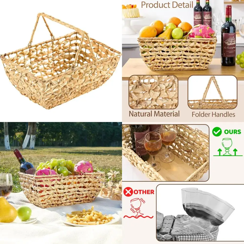

wicker picnic basket with handles, wicker baskets with wooden base for picnic, camping & storage basket
