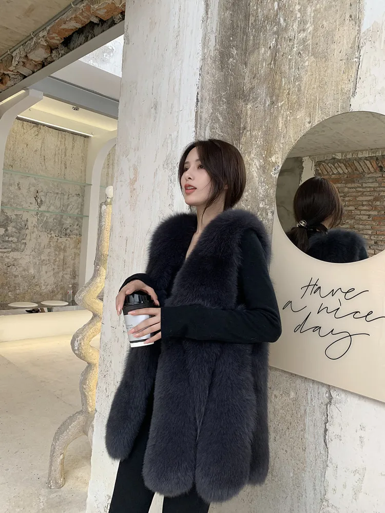 

Женский приталенный меховой жилет средней длины, новинка осени 2023, из цельных шкурок, с большим каплевидным вырезом, модная верхняя одежда для повседневной носки