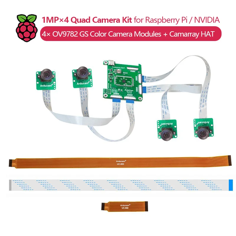 1MP×4 Quad Camera Kit with four OV9782 global shutter color modules and a Camarray HAT for Raspberry Pi/NVIDIA