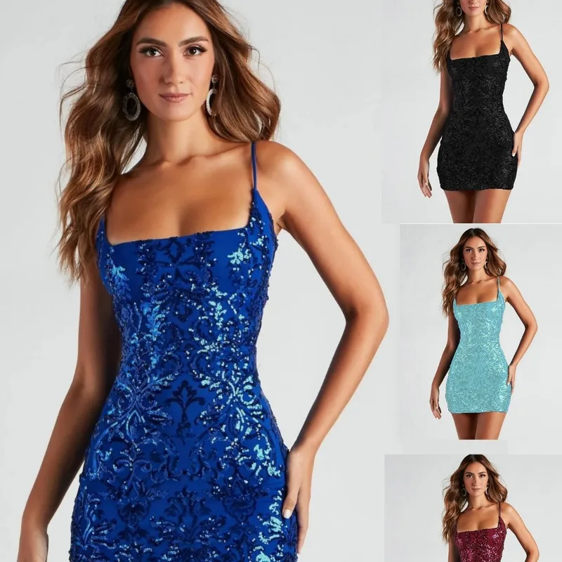Women 2026 Summer Shiny Sequins Spaghetti Strap Sexy Bodycon Slim Fit Mini Dress 7 Colors Party Clubwear Nightclub Fashion Hot