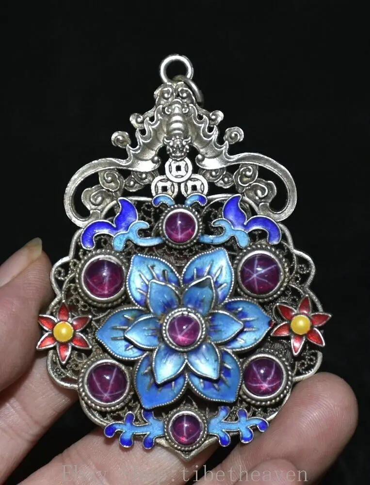 

Rare Old Chinese Silver 3.2 Inch Inlay Red Gems Cloisonne Flower