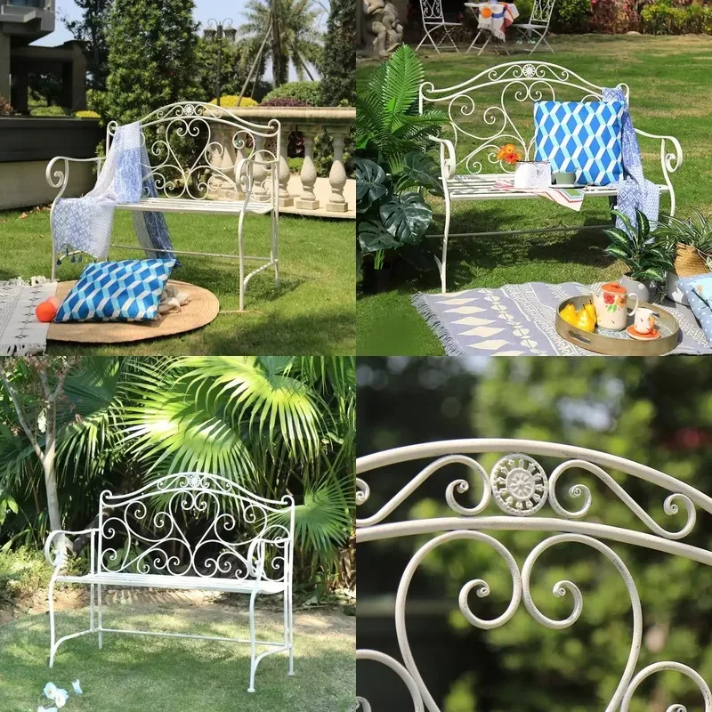 European Style Rust Proof Foldable Outdoor Bench Antique Wrought Iron Metal Garden Bench