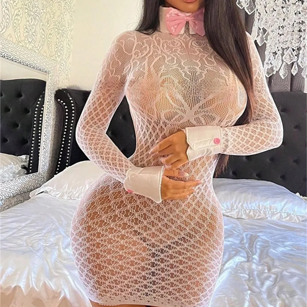فستان بيبي دول غريب ملهى ليلي أزياء مثيرة مجموعة الملابس الداخلية الحسية النسائية منظور شبكي بدون ظهر فستان قصير قصير