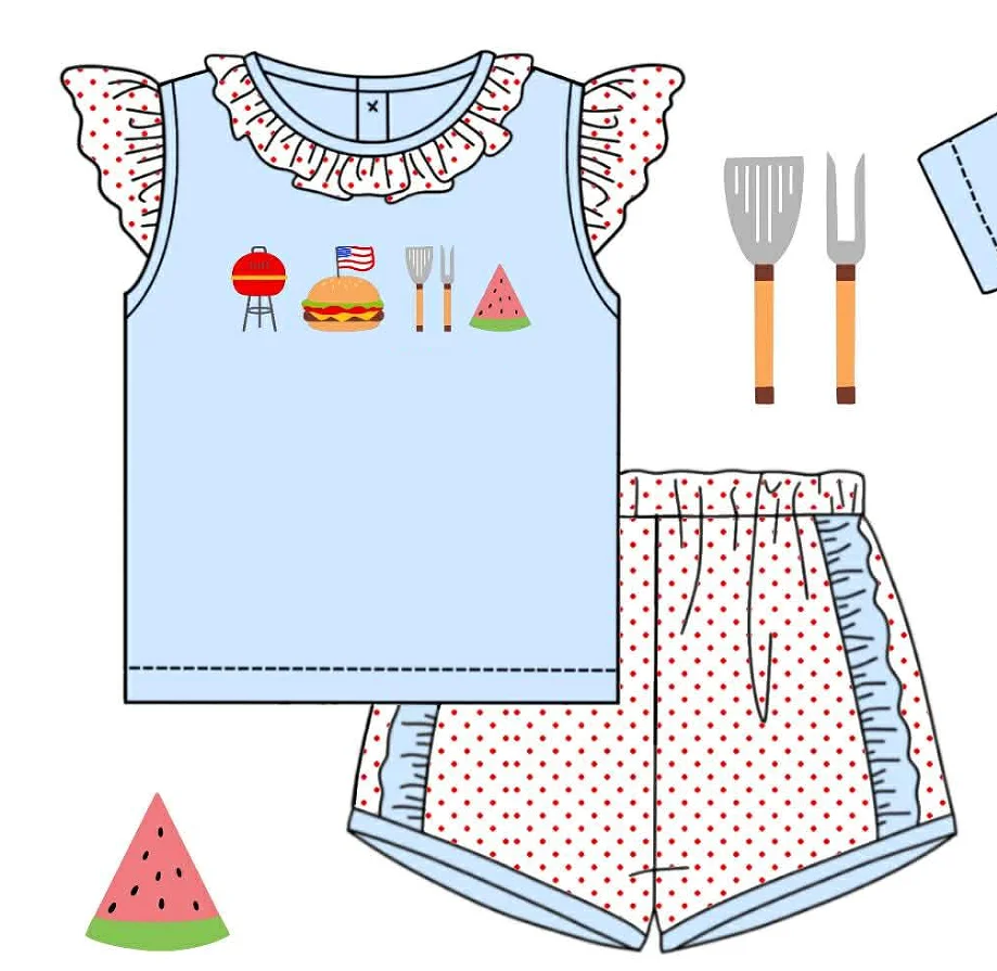 Boutique Children's Clothing Cartoon Watermelon Burger Print Short Sleeve Girl Set Bubble Romper Shorts Boy Set Sibling Set