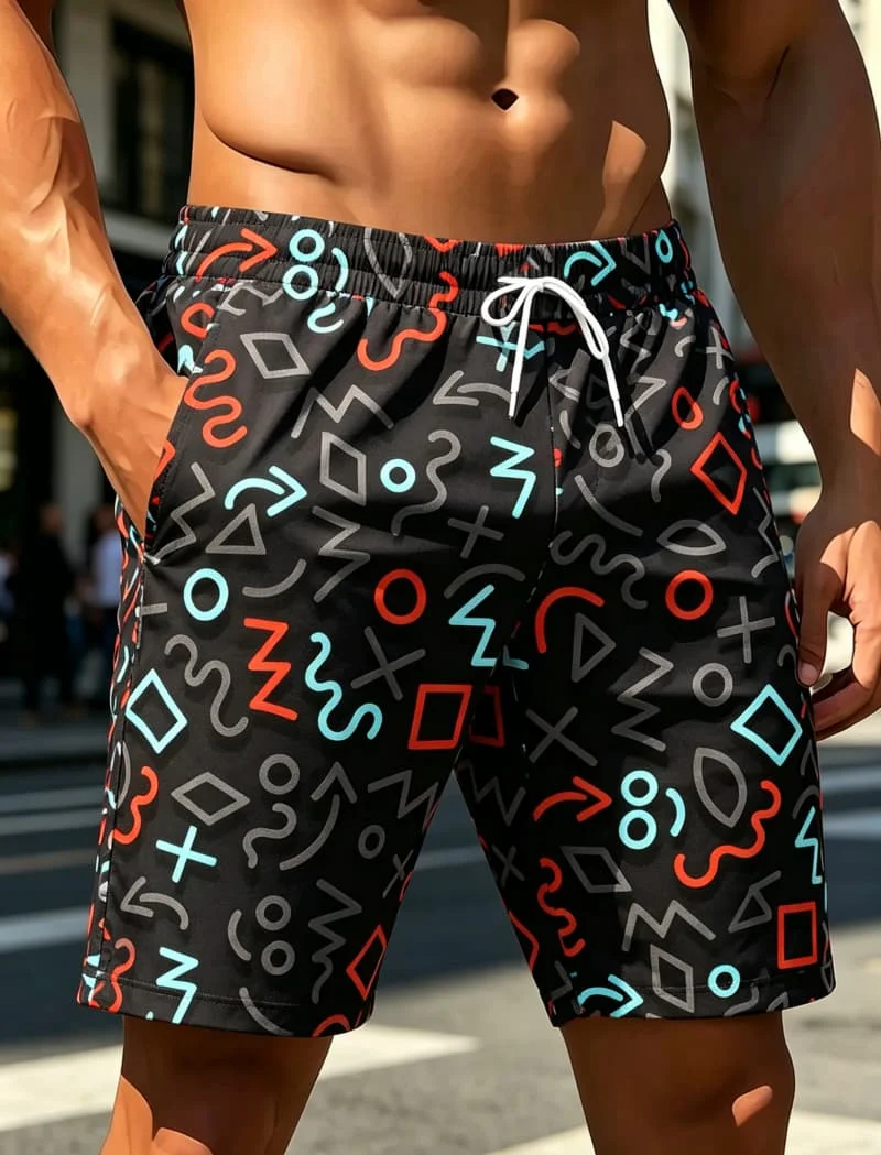 1Men's Vintage Memphis Art Board Shorts,  Bold Retro Vibe for Outdoor Sports, Vacations and Special Occasions