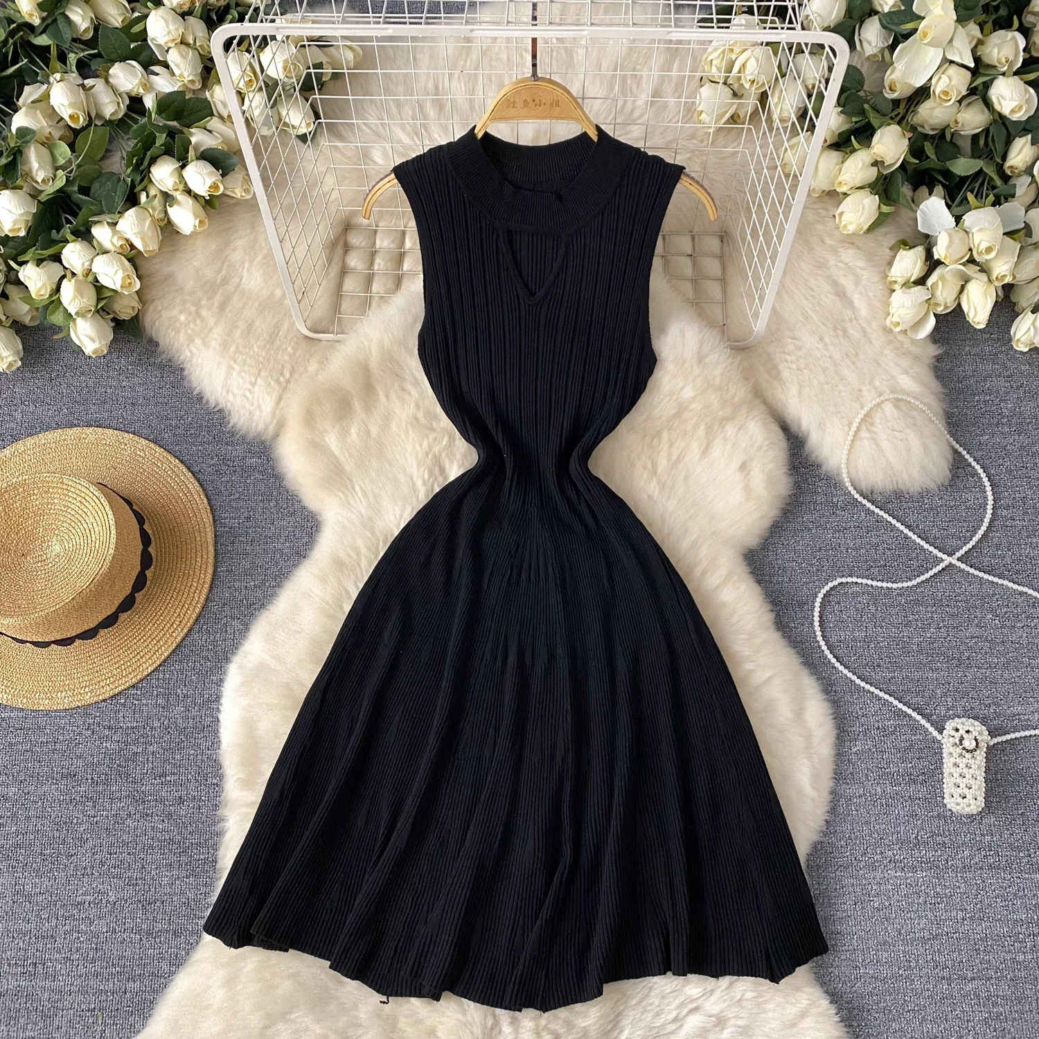 فستان مثير أنيق حلو برقبة دائرية متماسكة بدون أكمام فستان عتيق أنيق كوري أنيق للحفلات فساتين صيفية ضيقة على شكل حرف a صغيرة