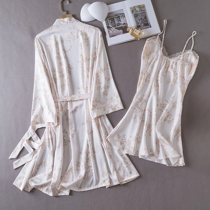 Print Robe Set Womens Lace 2PCS Bathrobe Nightdress Loungewear Summer V-Neck Kimono Gown Satin Sleepwear Suit Home Wear