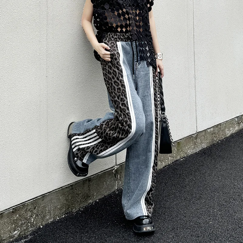 Women Leopard Print Denim Pants Patchwork Elastic Waist Buttons Pockets Loose Wide Leg Jeans High Street Vintage Trendy Summer