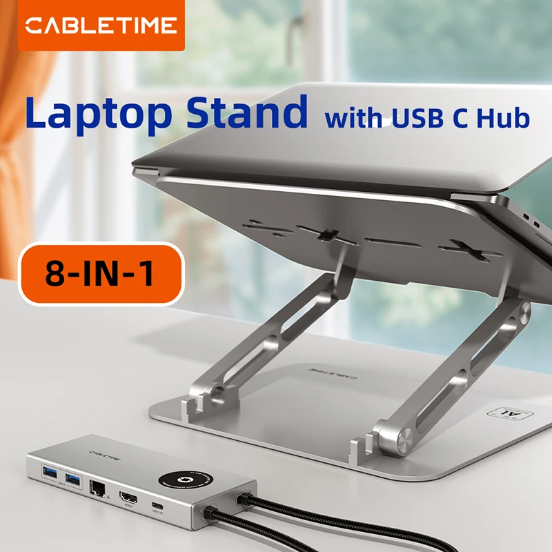 

CABLETIME 8-в-1 подставка для ноутбука с USB-C хабом, док-станцией, 4K, RJ45 1000 Мбит/с, USB 3.0 5 Гбит/с, PD100W, слотом для SD-карт для Macbook, Dell, iPad