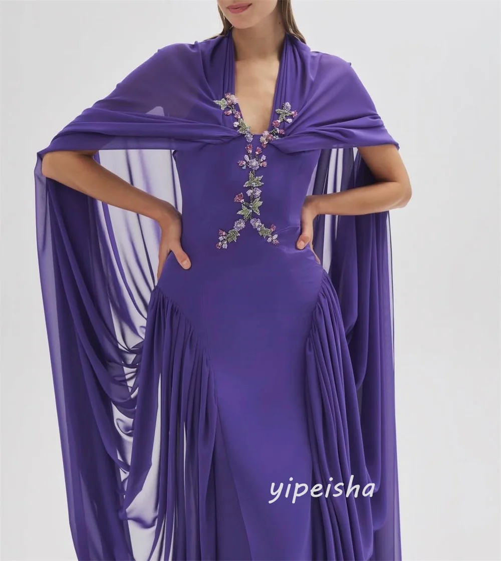 Vestidos largos de noche con cuello en V para mujer, vestidos largos personalizados de estilo moderno con apliques de Jersey morado y lentejuelas, Pastrol