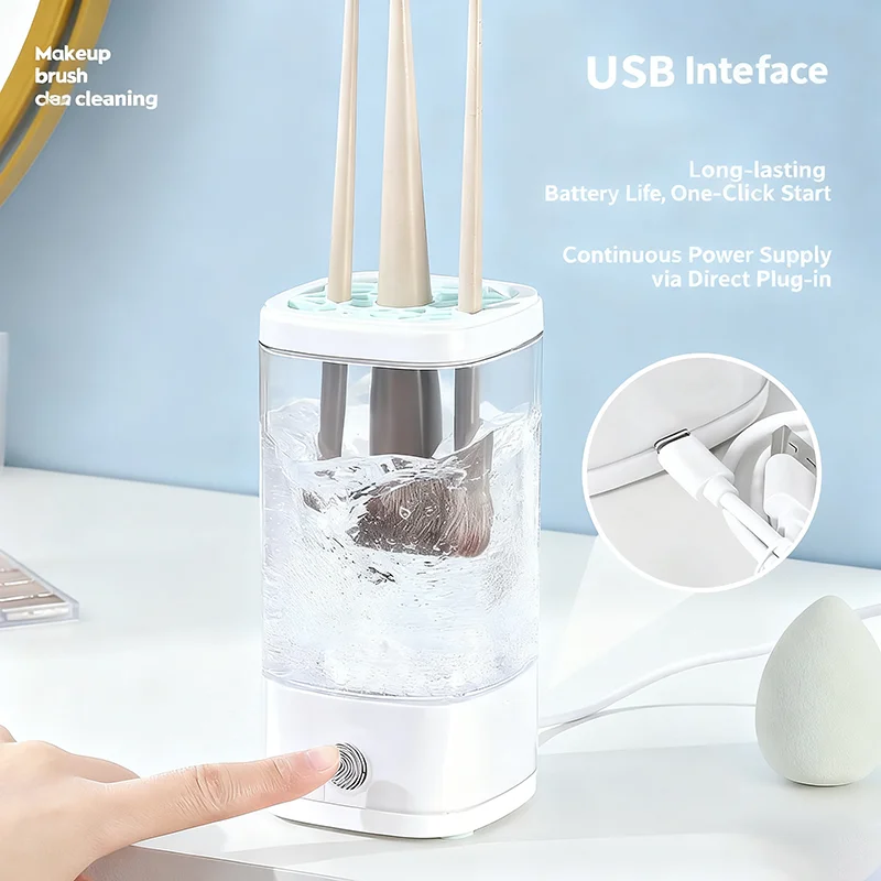 自動メイクブラシ＆スポンジクリーナーマシン、電動化粧パフ洗浄キット（ブラシ収納オーガナイザーボックス付き）