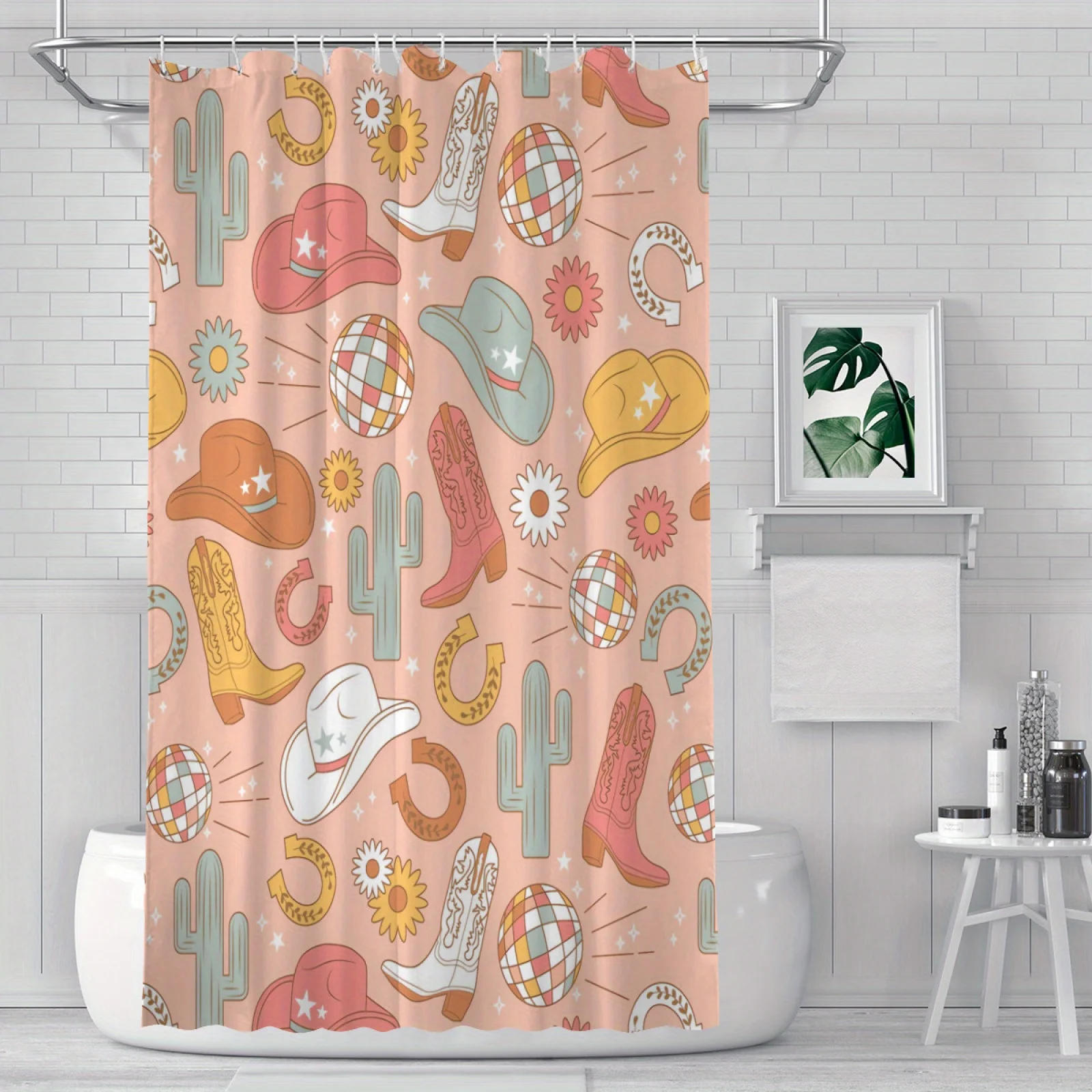 Pink Western Cowboy Shower Curtain Retro Country Boots Hats Disco Ball Waterproof Bath Curtain Wild West Bathroom Decor forGirls