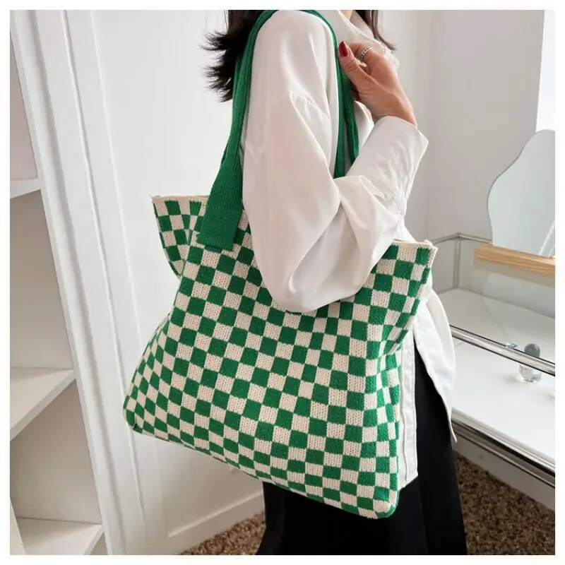 Casual Large-capacity Shoulder Bags for Women Simple Female Plaid Pattern Woolen Woven Tote Bags Retro Ladies Knitting Handbags