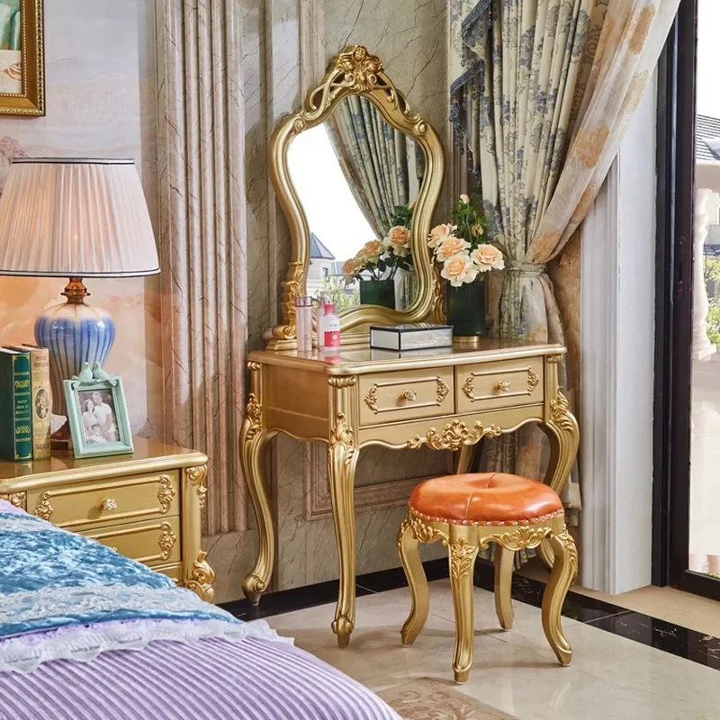 European French Luxury Solid Wood Vanity Dresser Noble Gold Carved Design High-end Princess Makeup Table With Matching Stool
