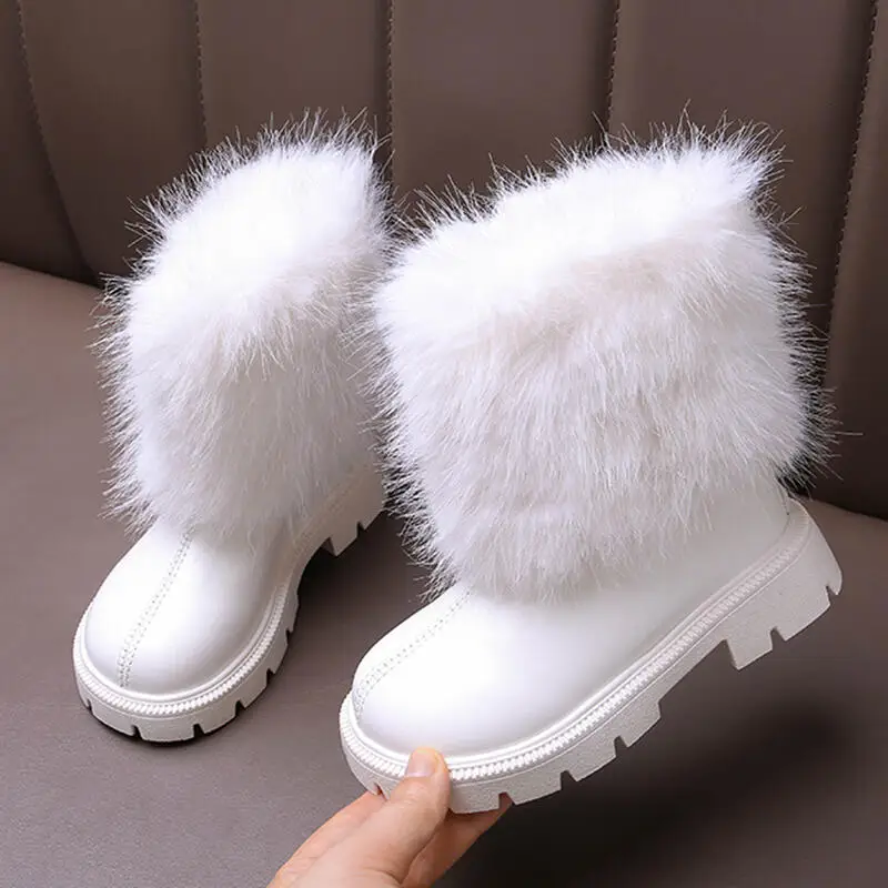 Warm Faux Fur Mid Calf Boots Girl 2025 Winter Comfort Non Slip Thick Bottom Rear Zip Boots Fashion Solid Long Plush Booties